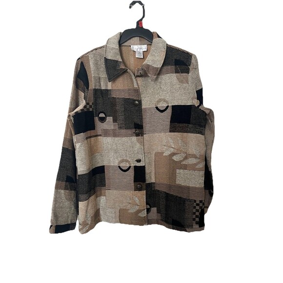 Susan Graver Jacket Blazer Size M Artsy Leaves Cabin Fall Brown Colorblock - Picture 2 of 7